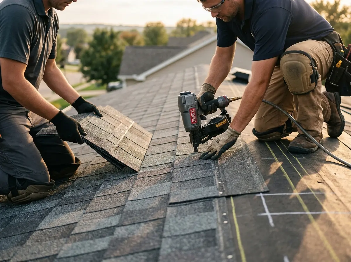Professional roofer working on a residential roof in Woodstock